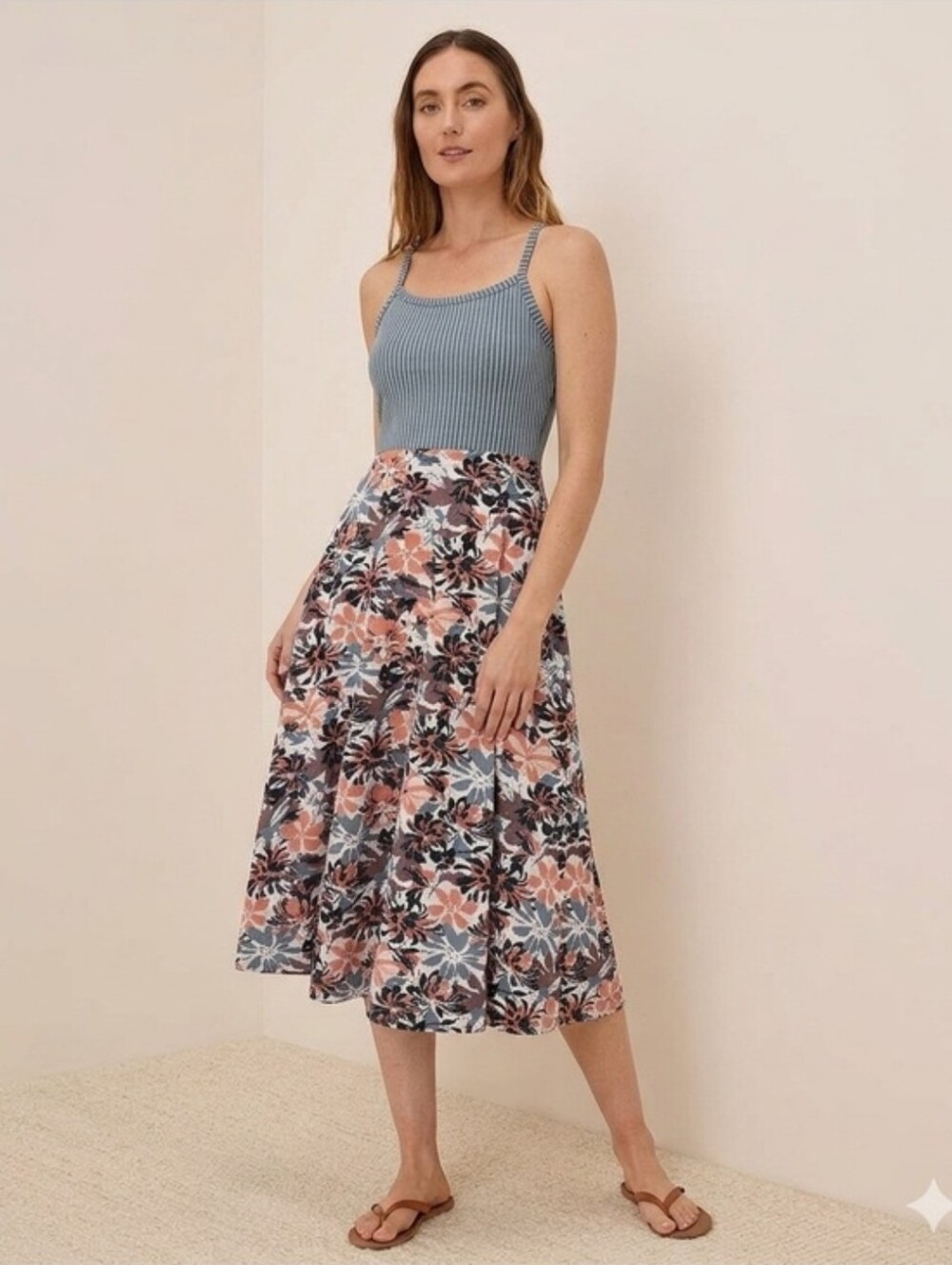 Pact Fit & Flare Strappy Midi Dress Lake Blossoms/Stripe Cotton Cozy Autumn Sz M - Picture 1 of 13